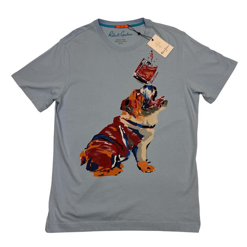 Robert Graham Shirt Mens Medium Light Blue Whiskey Dog Graphic Cotton Tee